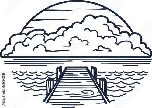 Wooden pier extending into calm sea with fluffy clouds and sun on horizon peaceful ocean landscape line art