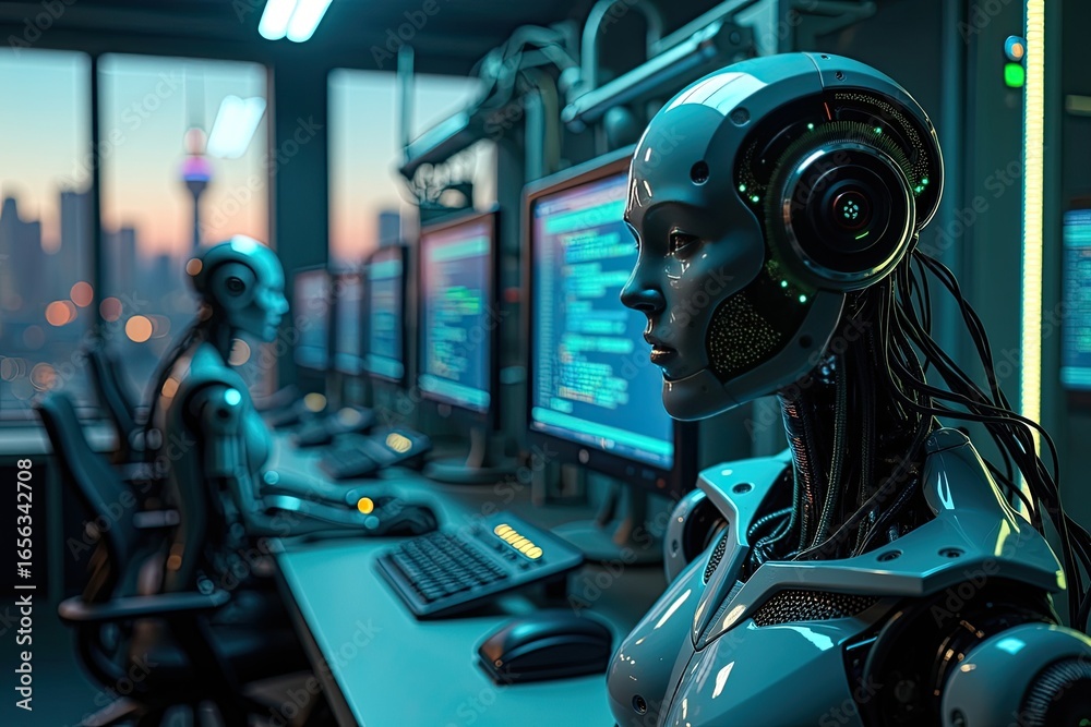 Fototapeta premium Futuristic robots work in a modern office.