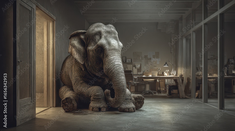 Obraz premium Elephant In Room. A Big Elephant Sitting Quietly in an Office Environment