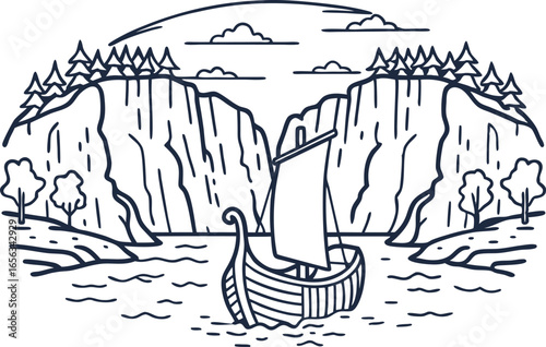 Viking ship sailing on river with high cliffs and pine forest ancient exploration, adventure, nature scenery