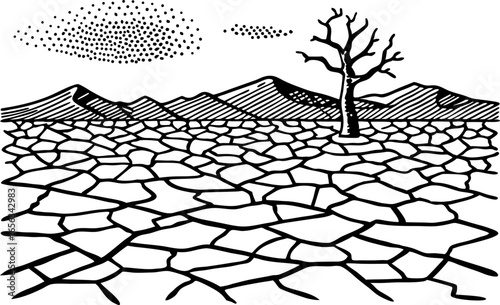 Barren drought landscape with cracked earth, lone tree, distant mountains and dry atmosphere illustration