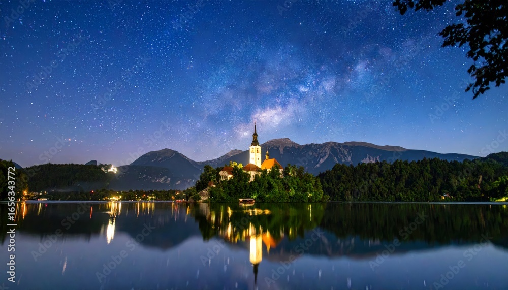 Fototapeta premium Starry sky over Lake Bled's island