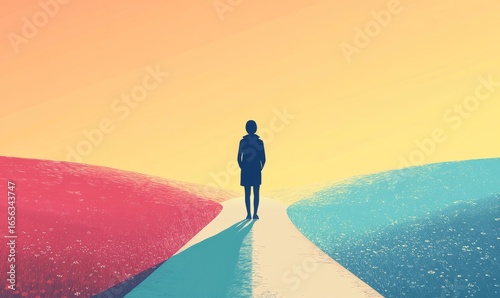 Stylized illustration of a person standing at a crossroads, contemplating a major decision about life, career, and future direction, symbolizing the challenges and choices in personal, Generative AI