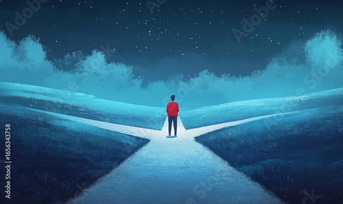 Stylized illustration of a person standing at a crossroads, contemplating a major decision about life, career, and future direction, symbolizing the challenges and choices in personal, Generative AI