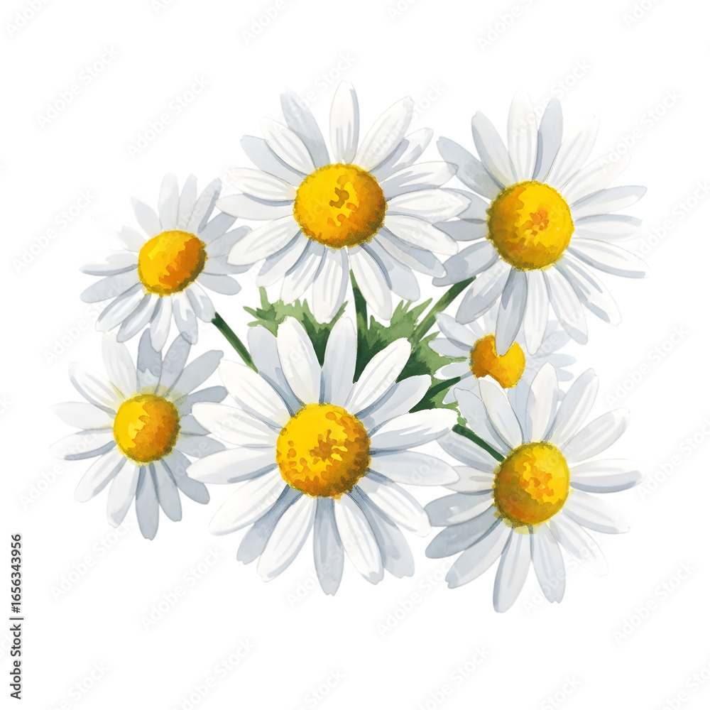 Fototapeta premium Realistic White Daisy Flower Bouquet With Yellow Blossoms Cut Out PNG.