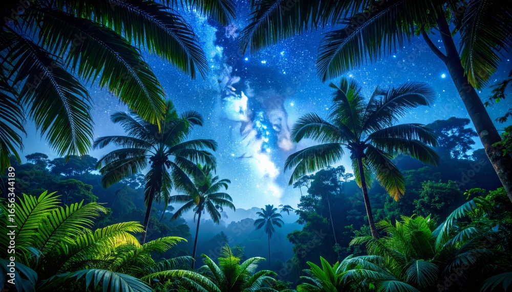 Obraz premium Starry sky over tropical rain forest