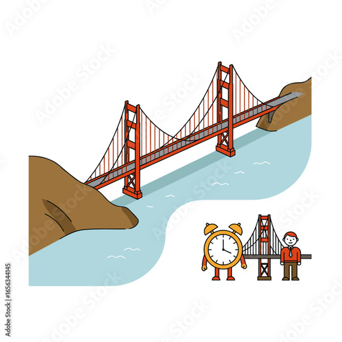Cartoon Golden Gate Bridge over river with surreal clock characters