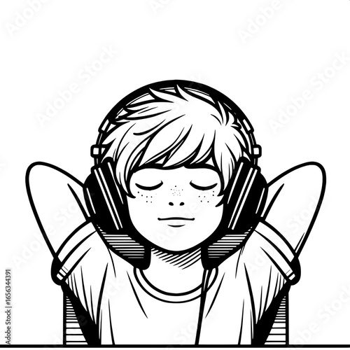 Boy with Headphones Listening to Music