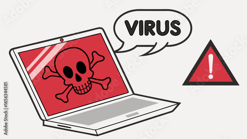 Laptop Screen Displaying Virus Warning with Skull and Crossbones.