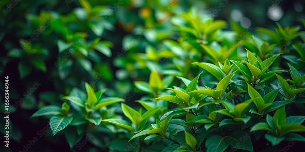 Fototapeta premium Soft focus lush green foliage, blurred background, vibrant leaves, summer, macro