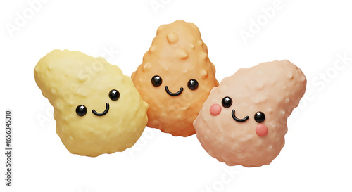 Cute and colorful cartoon-style characters resembling happy nuggets on a transparent background