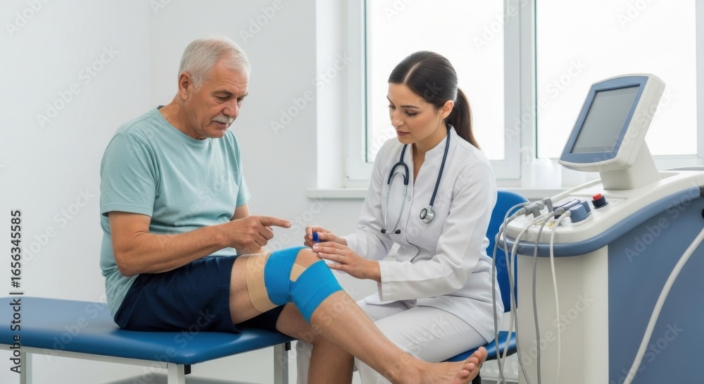 Fototapeta premium Medical Professional Examining Elderly Man with Knee Injury in Clinic