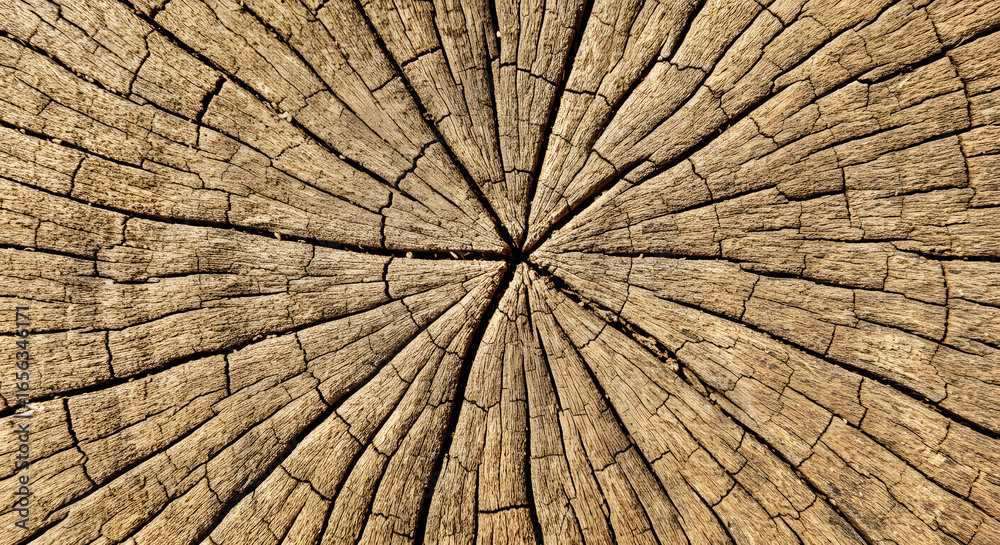 Fototapeta premium Close-up of a tree trunk cross-section, showcasing the radial pattern of cracks and the texture of the weathered wood.