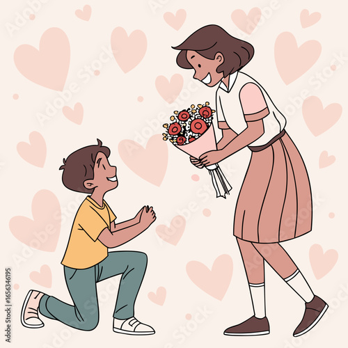 Romantic Gesture: Boy Offering Flowers to Girl with Hearts.