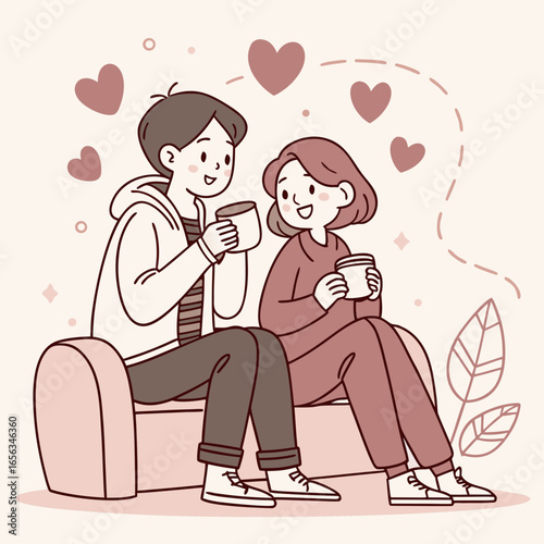 Couple drinking coffee surrounded by hearts. Valentine's Day illustration.