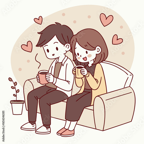 Couple drinking coffee surrounded by hearts. Valentine's Day illustration.