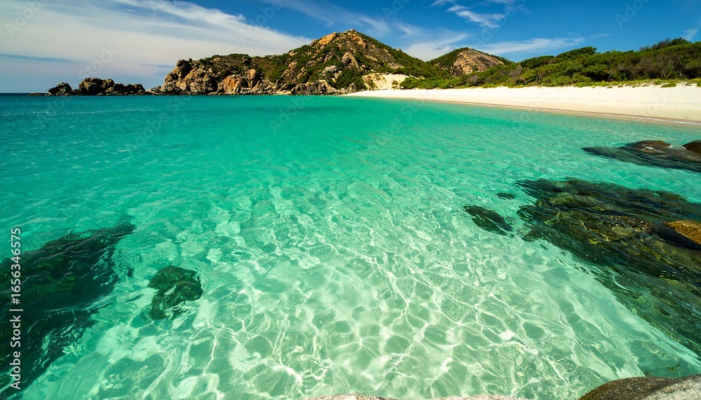 Fototapeta premium Pristine beach, turquoise water, sunny day