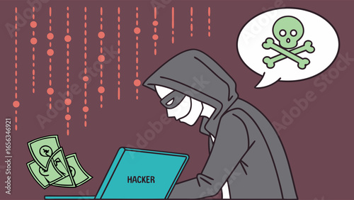 Masked Hacker Stealing Money with Laptop.
