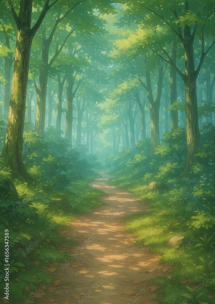 Obraz premium Serene forest path, sunlight filtering.