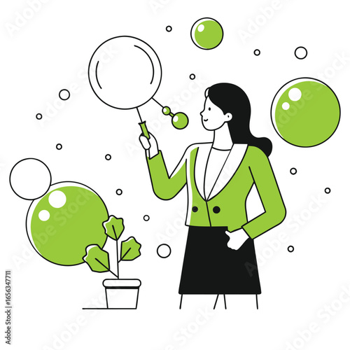 Female professional in a lime green blazer and black skirt playing with bubbles in an office setting. Smiling and holding a bubble wand amidst bubbles and a plant.