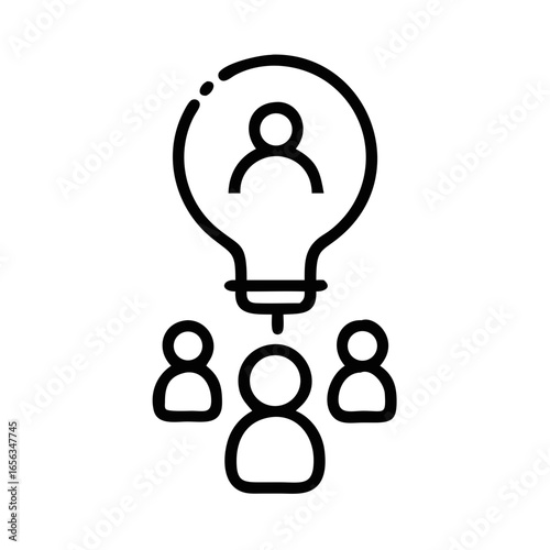 Simple line icon of light bulb with people underneath  