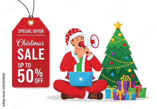 A man dressed in a Santa Claus outfit sits cross-legged, using a megaphone while working on a laptop. EPS