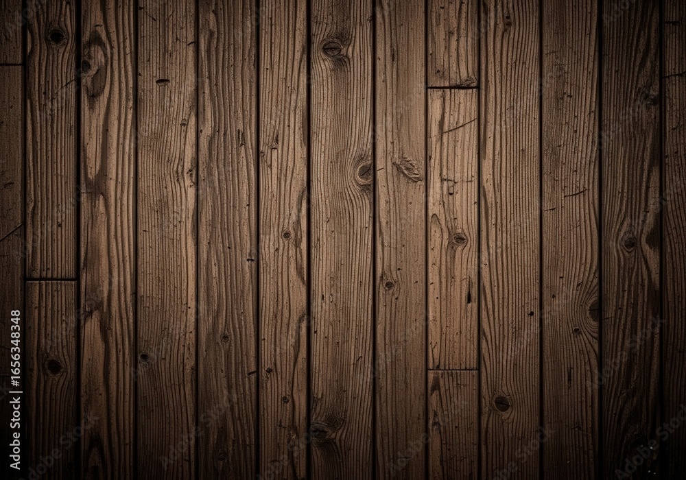 Fototapeta premium Dark, vertical wooden planks show a distressed surface with visible grain and knots, adding rustic texture