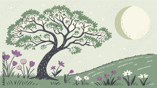 A whimsical illustration depicts a leaning tree on a gentle slope under a pale sun.
