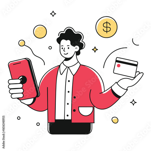 Young adult using smartphone and credit card in casual setting. Holding device and card, displaying a relaxed, positive expression.