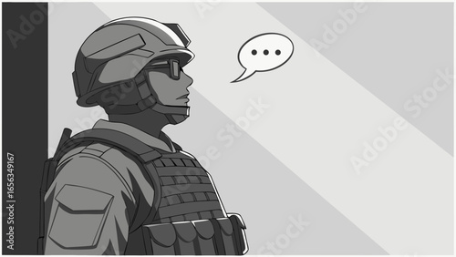 Profile of a Soldier in Military Gear with Thoughts.
