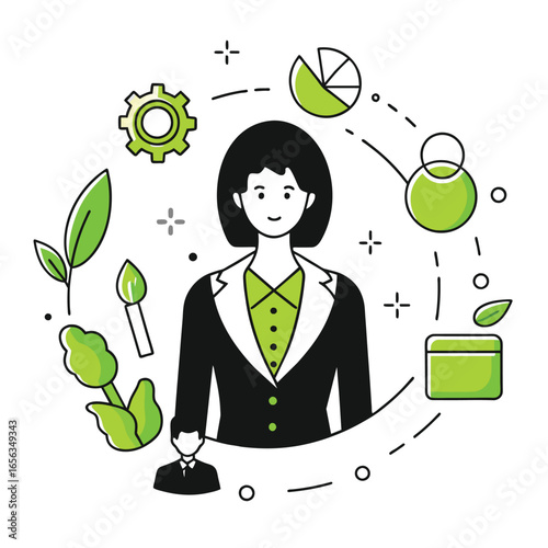 Female professional in a business suit with a light green collared shirt, standing confidently in a modern office setting. Sustainable business woman in a corporate environment.