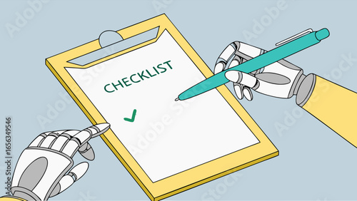 Robotic Hands Completing Checklist on Clipboard.