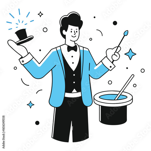 Male magician in formal attire performing a trick with a top hat and wand on a stage. Adult male entertainer in a light blue tuxedo performing magic tricks with a top hat and wand in a stage setting.