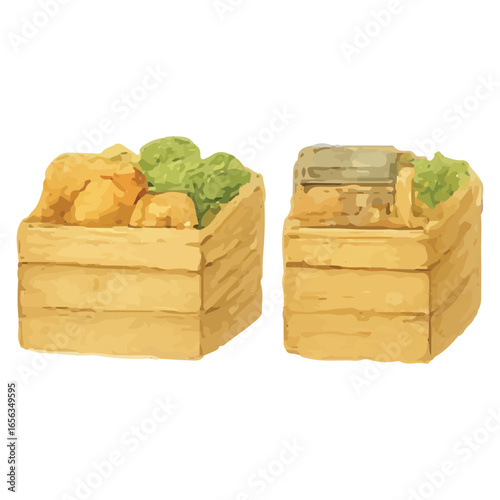 Wooden Crates with Groceries Watercolor Illustration