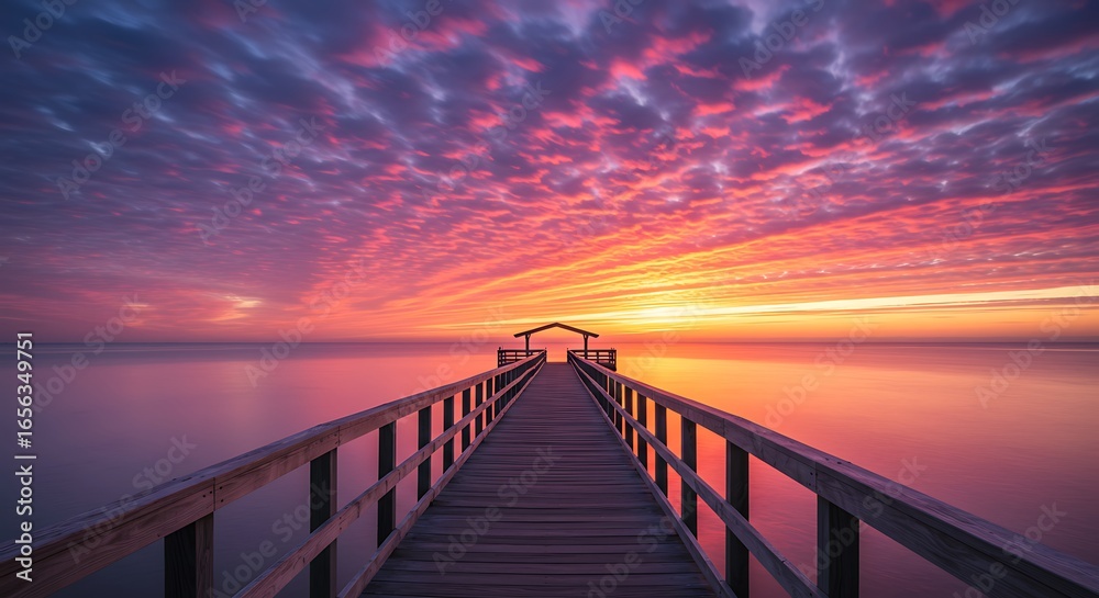 Fototapeta premium Serene Wooden Pier Leading to a Gazebo Under a Vibrant Sunset Sky