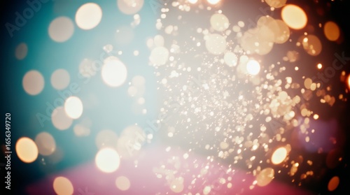 Abstract golden background with glowing bokeh lights, sparkling dust particles and shimmering effects, elegant festive design for luxury, celebration, and holiday themes.