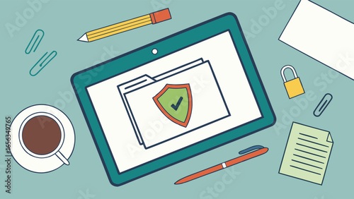 Secure Digital Files on Tablet Displayed with Shield Icon.