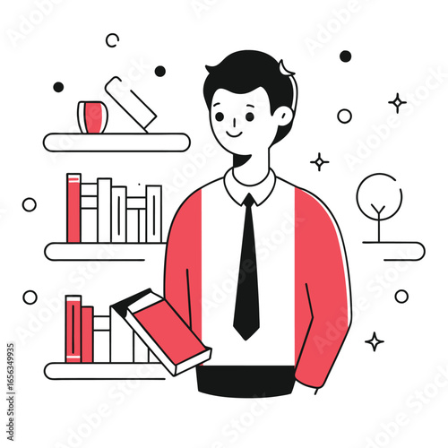 Young adult male in formal attire standing beside a bookcase in a library setting. Holding a book, he is positioned in a professional stance, likely a librarian or student.