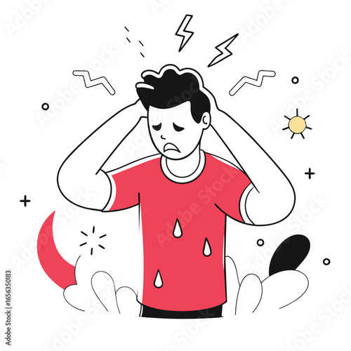 Young man experiencing heat exhaustion, in a red t-shirt, holding his head, in a hot environment. Young adult showing stress related to overexertion in a public park -