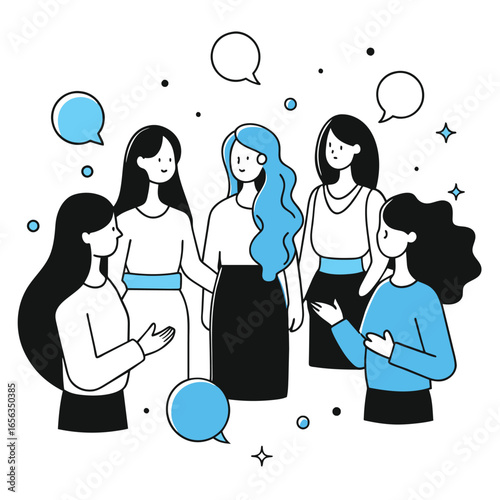 Female colleagues engaged in a discussion in a casual business setting. Diverse group of women in professional attire conversing animatedly in a modern office environment.