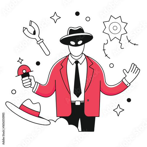 A masked man in a red suit holding a microphone, with a hat floating nearby, in a presentation setting. Adult male presenter in a business setting with mystery.