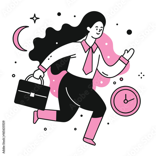 Female professional in business attire running with briefcase, striving for deadline in a modern workspace. Fast-paced businesswoman hurrying to meet a schedule against a nighttime sky background.