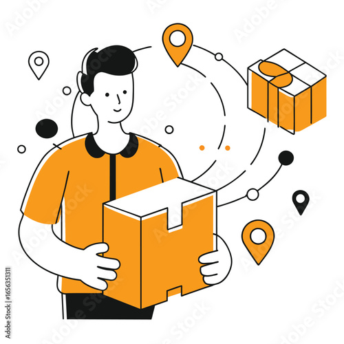 Young adult holding cardboard box, displaying package delivery service. Friendly courier holding package with delivery locations indicated.