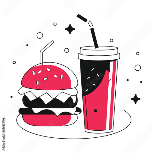 Fast food meal illustration featuring a hamburger and soda drink. Simple, stylized image of a quick meal in a casual setting.