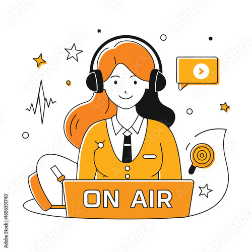 Female radio host in a professional yellow blazer and tie, sitting at a desk, broadcasting live from a studio. Female radio host in a professional role in a broadcast studio.