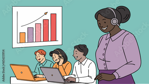 Smiling African American Woman with Headset Supervising Team.