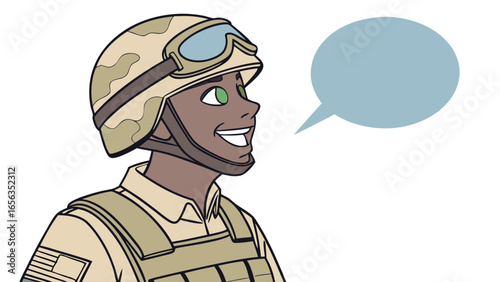 Smiling Cartoon Soldier in Camouflage Helmet with Speech Bubble.