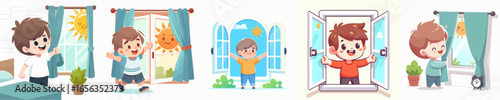 vector of a little boy opening the window in the morning