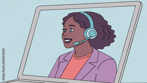 Smiling Customer Service Representative Wearing Headset on Screen.