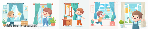 vector of a little boy opening the window in the morning